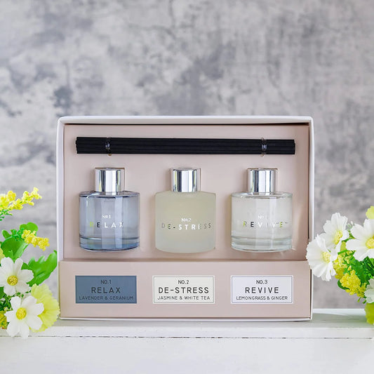 Trio Reed Diffuser Set – Lavender & Geranium, Jasmine & White Tea, Lemongrass & Ginger | 3x150ml Scented Oil Gift Box - Yours Amora