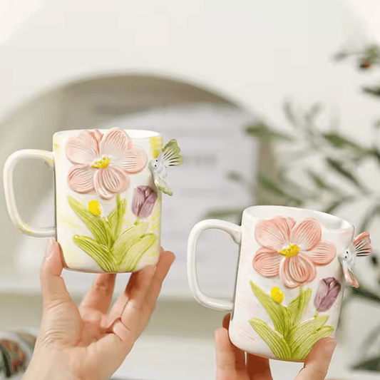 Floral Butterfly Ceramic Mug – Hand - Painted 3D Embossed Coffee Cup - Yours Amora