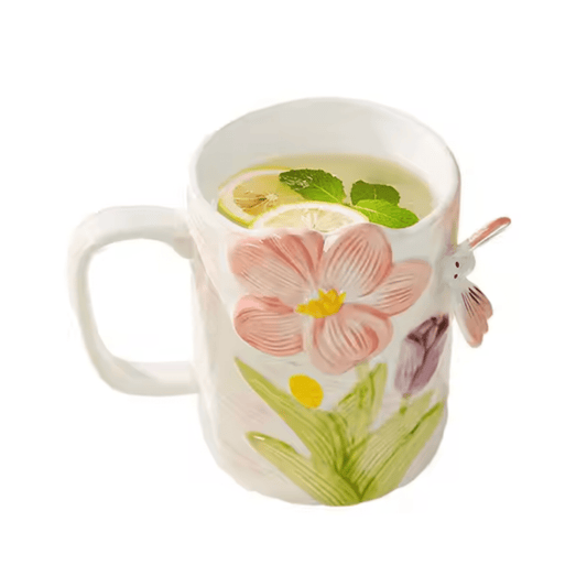 Floral Butterfly Ceramic Mug – Hand - Painted 3D Embossed Coffee Cup - Yours Amora