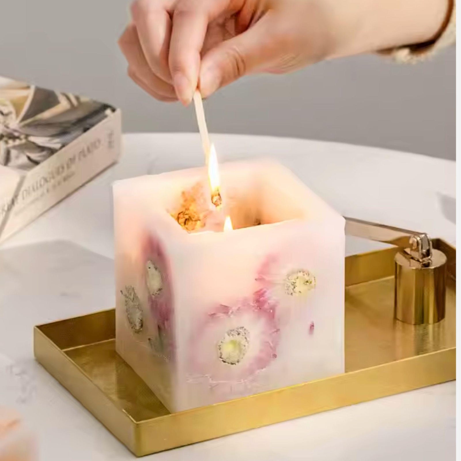 Pressed Flower Square Candle – Handcrafted Botanical Scented Candle - Yours Amora