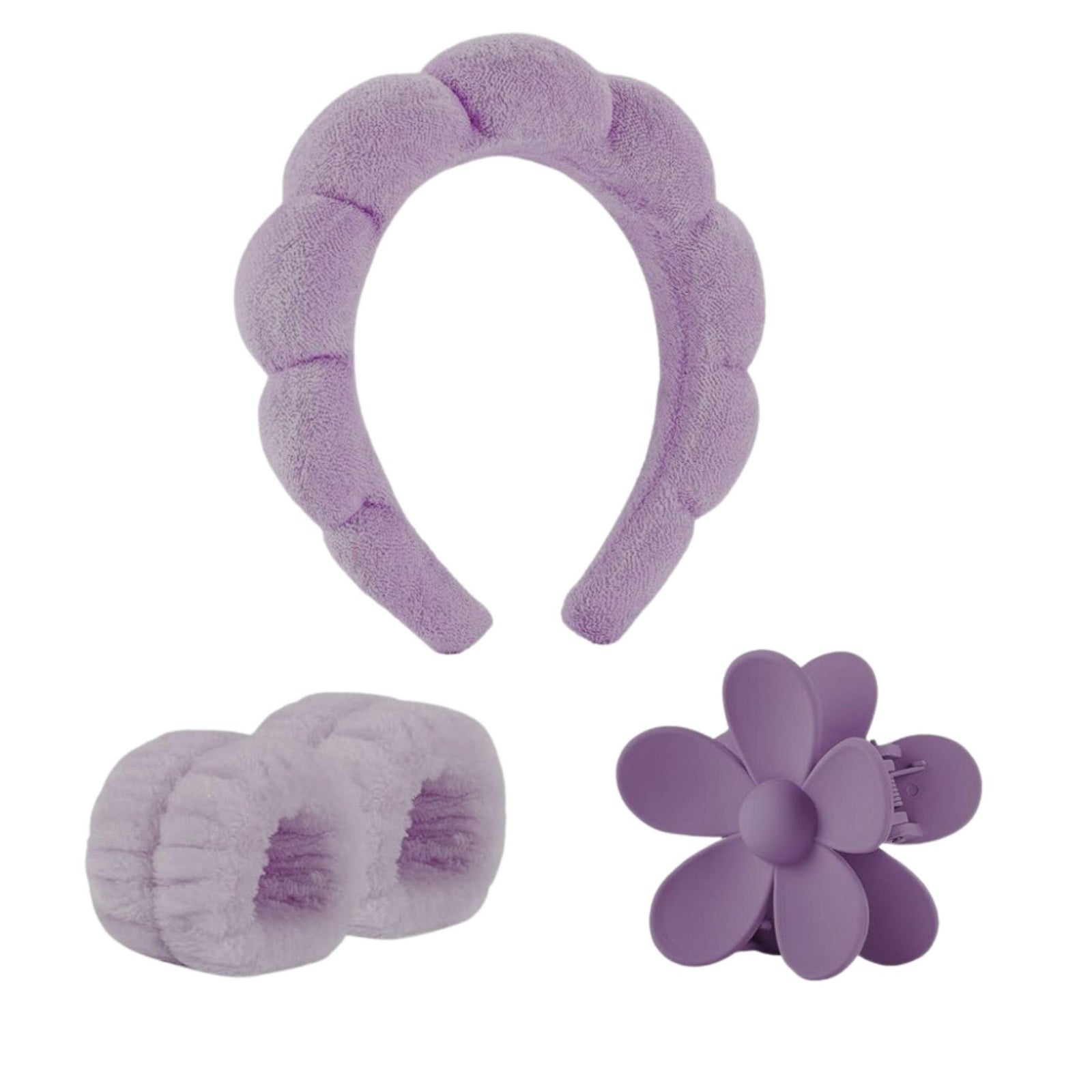 Luxe Hair Accessory Trio – Plush Headband, Flower Claw Clip & Spa Wristbands - Yours Amora
