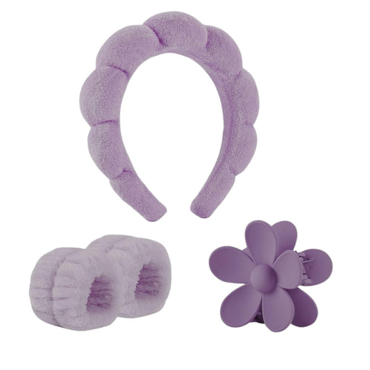Luxe Hair Accessory Trio – Plush Headband, Flower Claw Clip & Spa Wristbands - Yours Amora