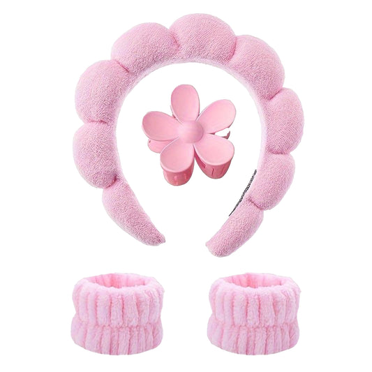 Luxe Spa Hair Accessory Trio – Plush Headband, Flower Claw Clip & Spa Wristbands - Yours Amora